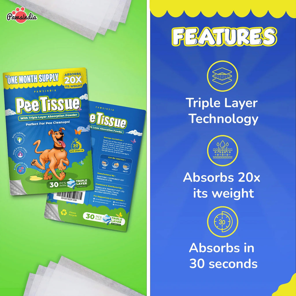 Pawsindia Pet Pee Pads for Dogs & Cats | Triple Layer Leak-Proof Training Pads | Super Absorbent | Odor Control | Disposable Pee Tissue | 30 PCS (30 x 40 cm)