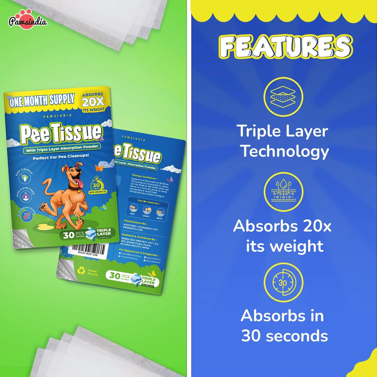 Pawsindia Pet Pee Pads for Dogs & Cats | Triple Layer Leak-Proof Training Pads | Super Absorbent | Odor Control | Disposable Pee Tissue | 30 PCS (30 x 40 cm)