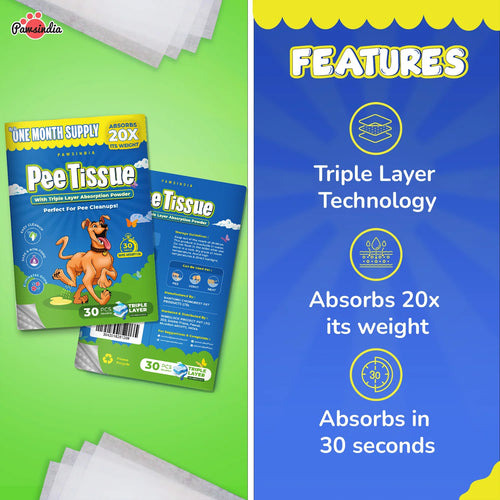 Pawsindia Pet Pee Pads for Dogs & Cats | Triple Layer Leak-Proof Training Pads | Super Absorbent | Odor Control | Disposable Pee Tissue | 30 PCS (30 x 40 cm)