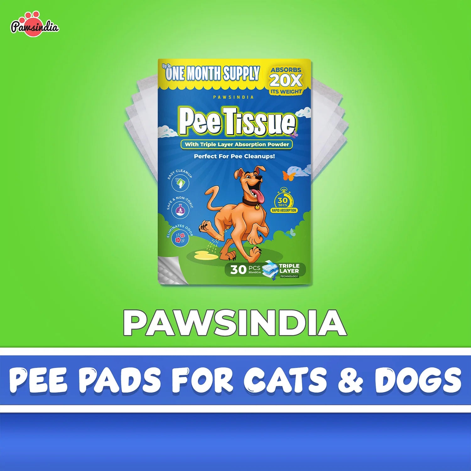Pawsindia Pet Pee Pads for Dogs & Cats | Triple Layer Leak-Proof Training Pads | Super Absorbent | Odor Control | Disposable Pee Tissue | 30 PCS (30 x 40 cm)